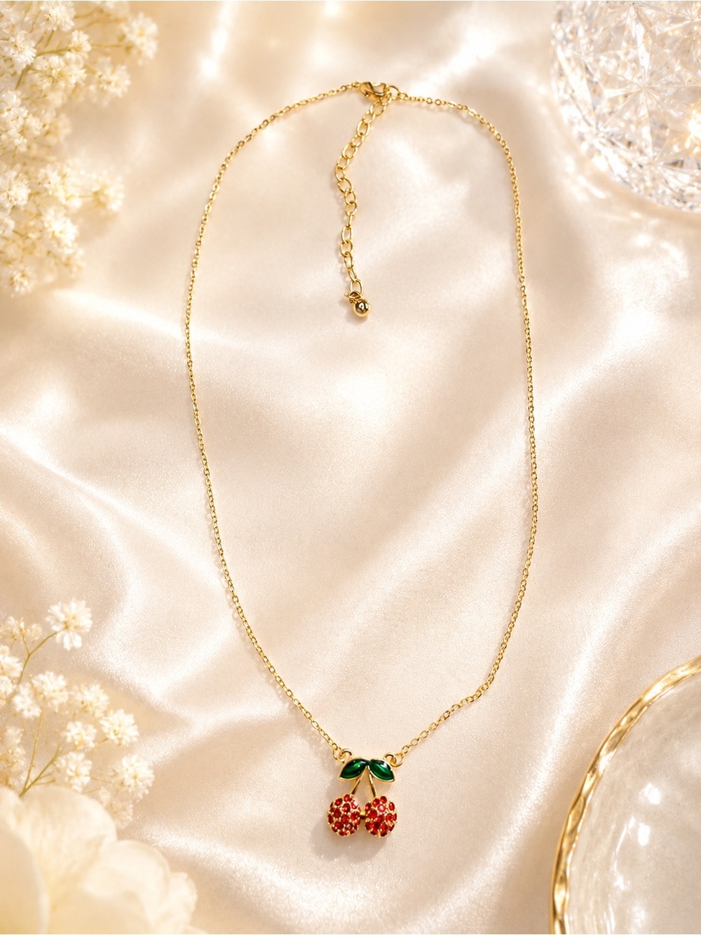 Sparkling Cherry Pendant Necklace | Gold Tone | Red Rhinestones - Picture 3 of 3